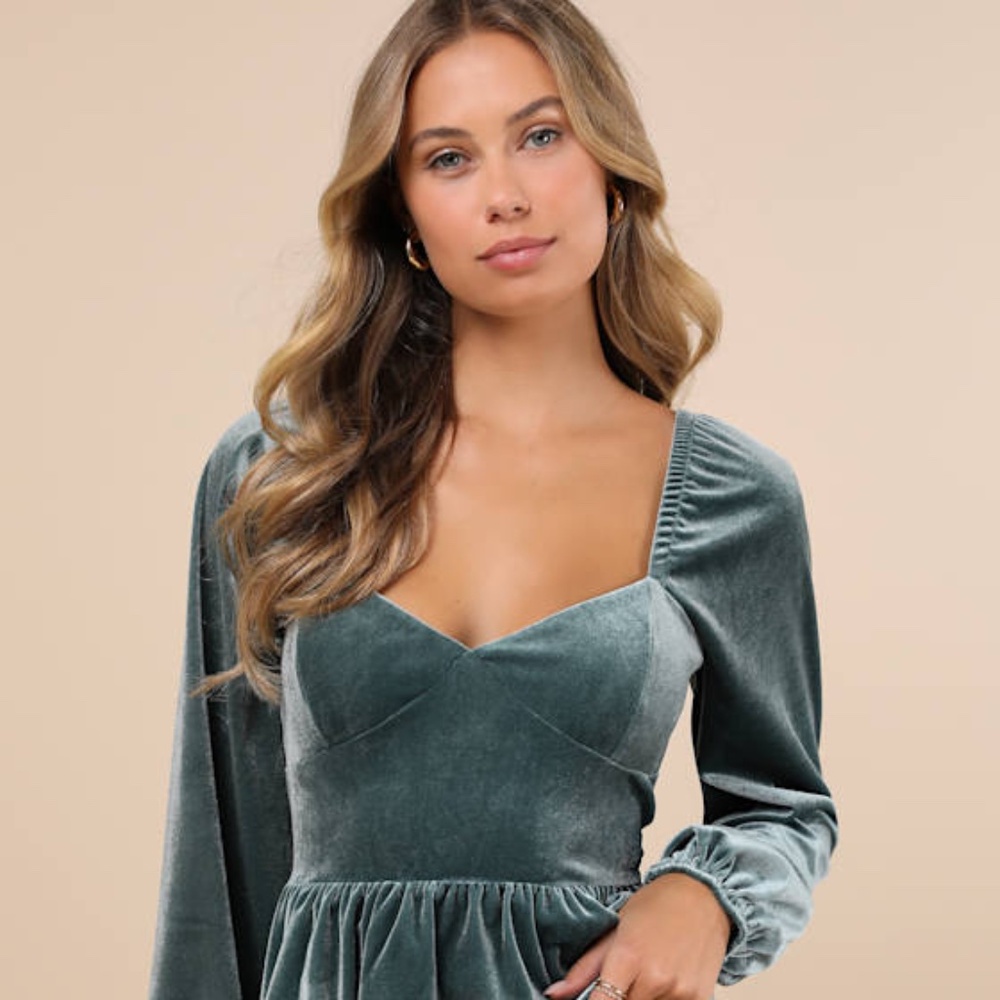 Lulus Marvelously Sweet Sage Blue Velvet Long Sleeve Peplum Top - Size L
